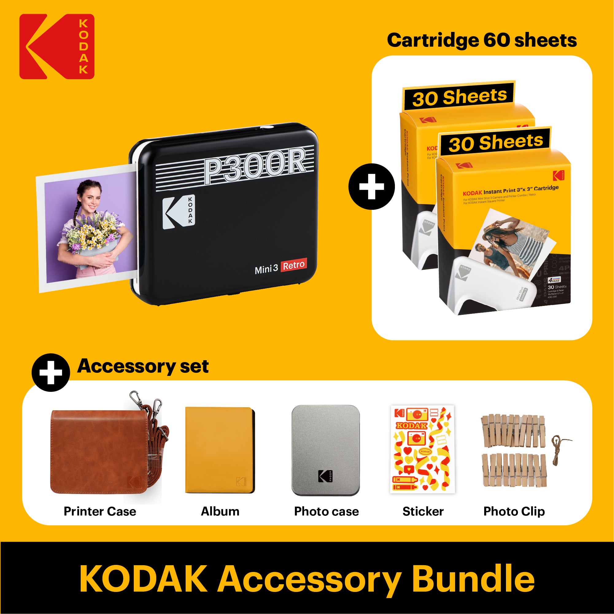 KODAK Mini 3 Retro 4PASS Portable Photo Printer (3x3 inches) + 68 