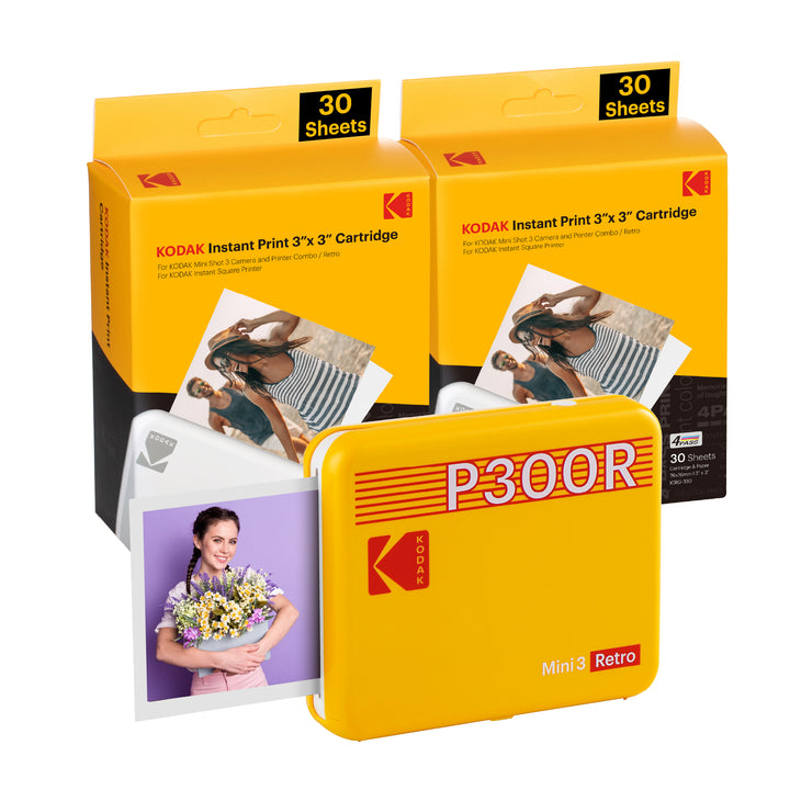 Imprimante portable Kodak Mini 3 Retro (carré 3x3 pouces) + lot de 60 feuilles - Imprimante photo instantanée - Technologie 4PASS