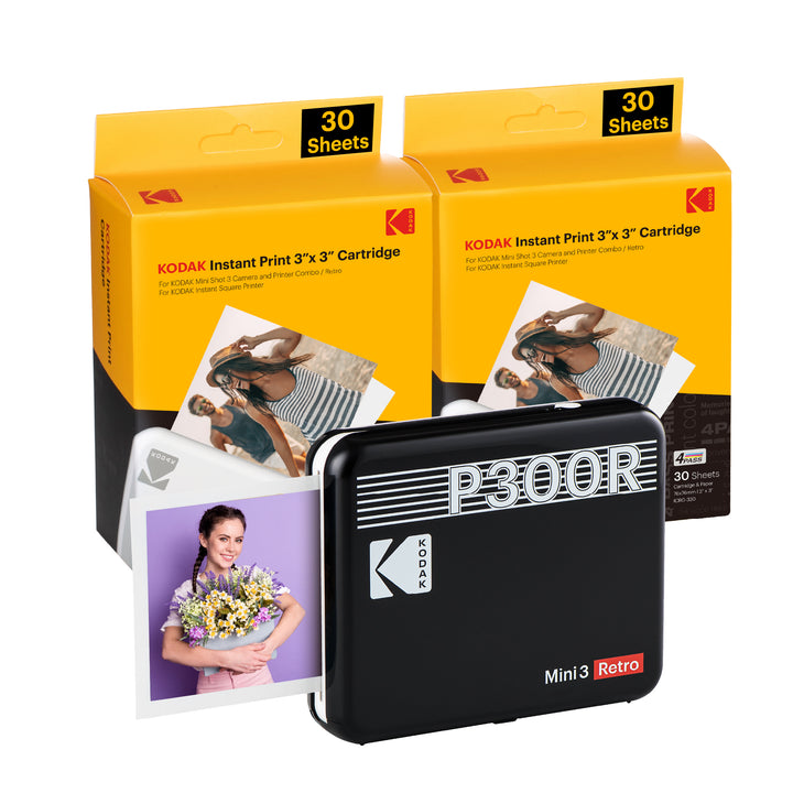 Imprimante portable Kodak Mini 3 Retro (carré 3x3 pouces) + lot de 60 feuilles - Imprimante photo instantanée - Technologie 4PASS