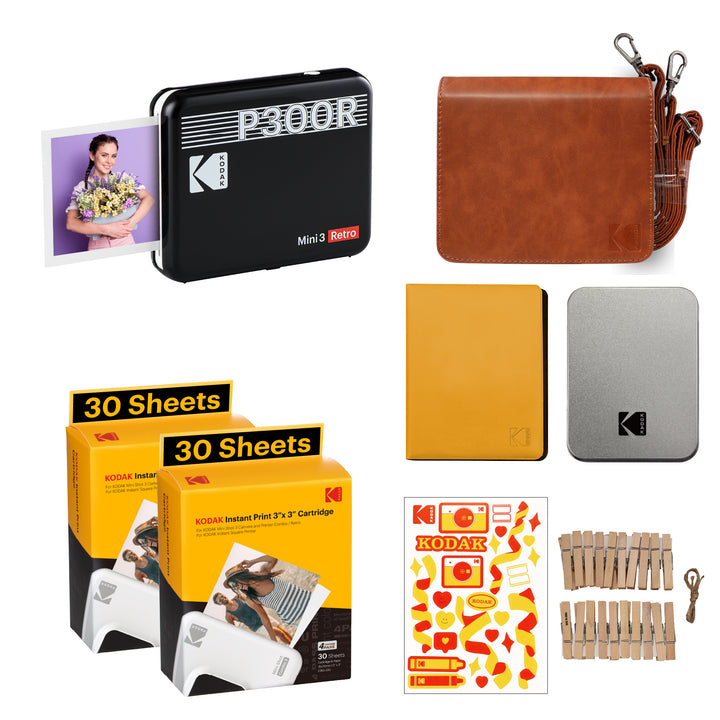 KODAK Mini 3 Retro 4PASS Portable Photo Printer (3x3 inches) + 68 Sheets Gift Bundle